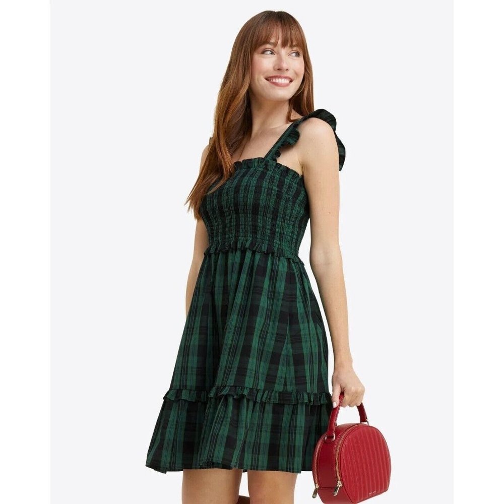 Draper James Green and Black Plaid Ruffle Tiered Sundress